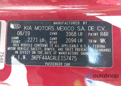 2020 Kia Forte Gt z USA, uszkodzony, nr VIN 3KPF44AC4LE157475